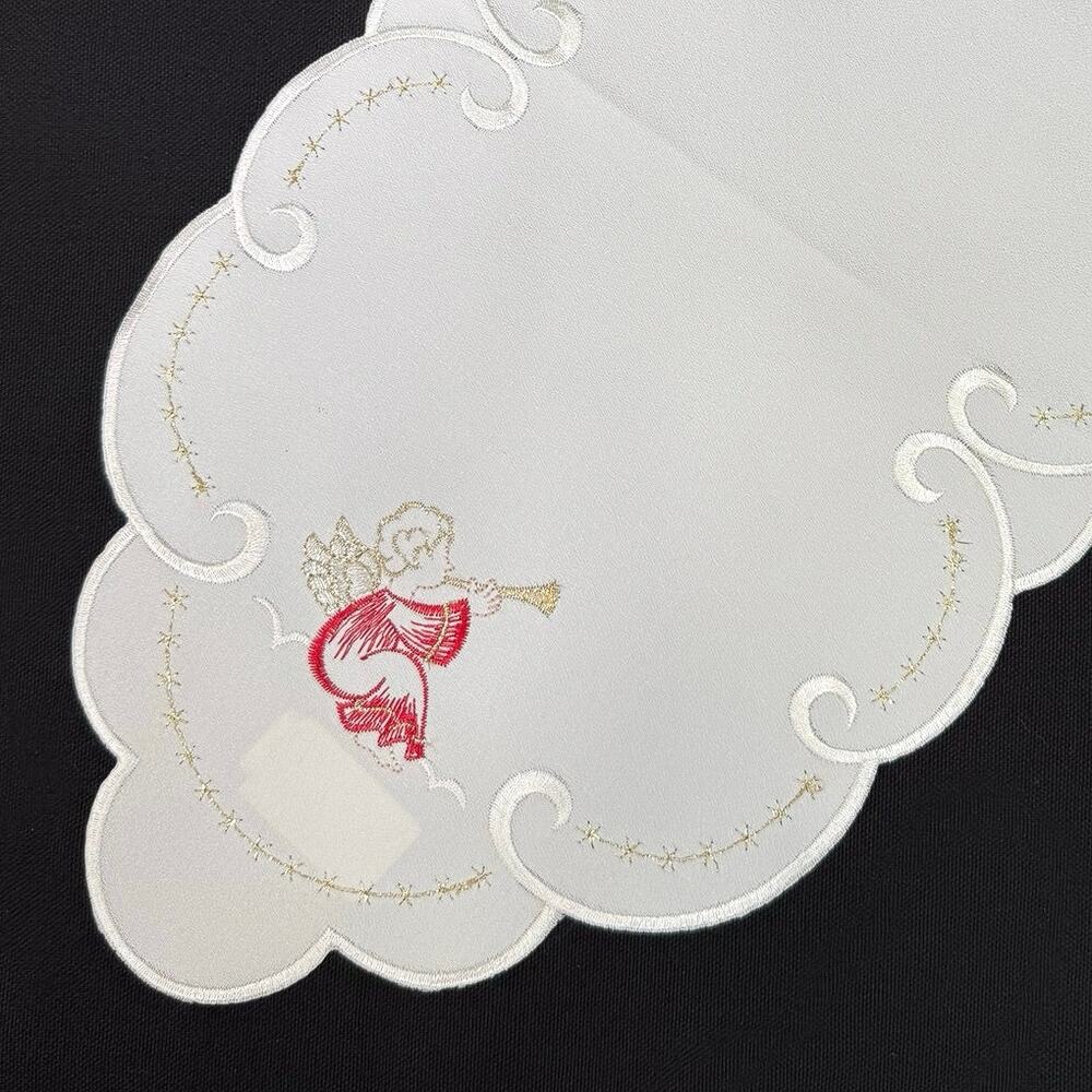 German Embroidered Christmas Angel Table Runner Mat 9x18 Metallic Gold Thread